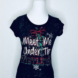 Rocker Girl Black Mistletoe Xmas Semi Sheer Fitted Short Sleeve Shirt